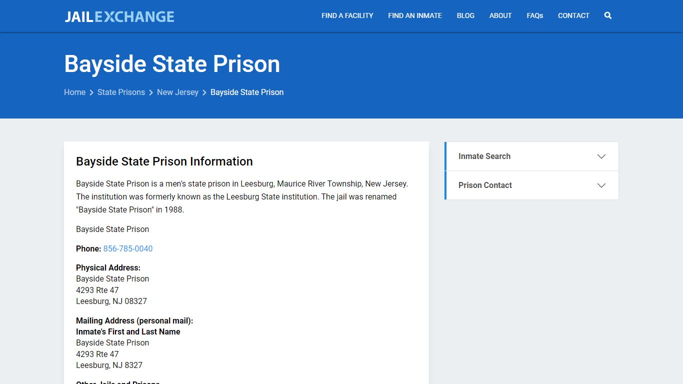 Bayside State Prison Inmate Search, NJ - Jail Exchange