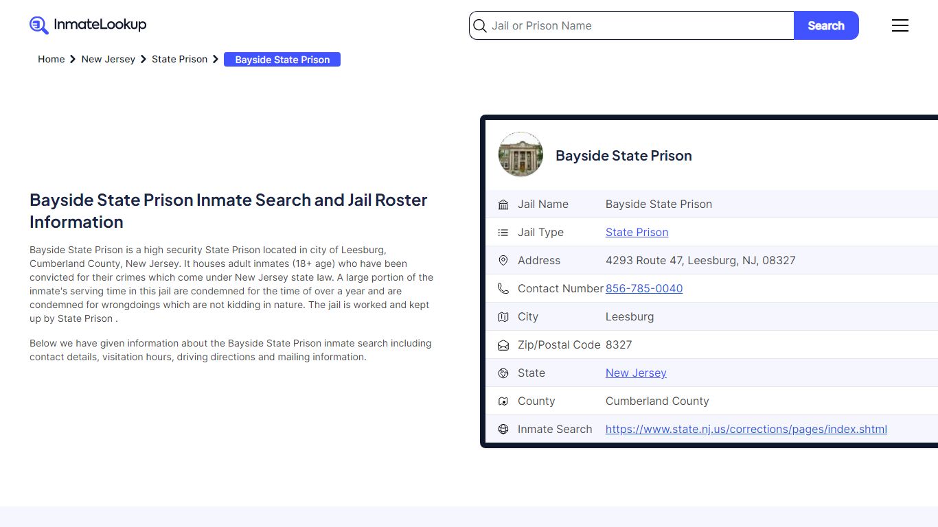 Bayside State Prison Inmate Search and Jail Roster Information